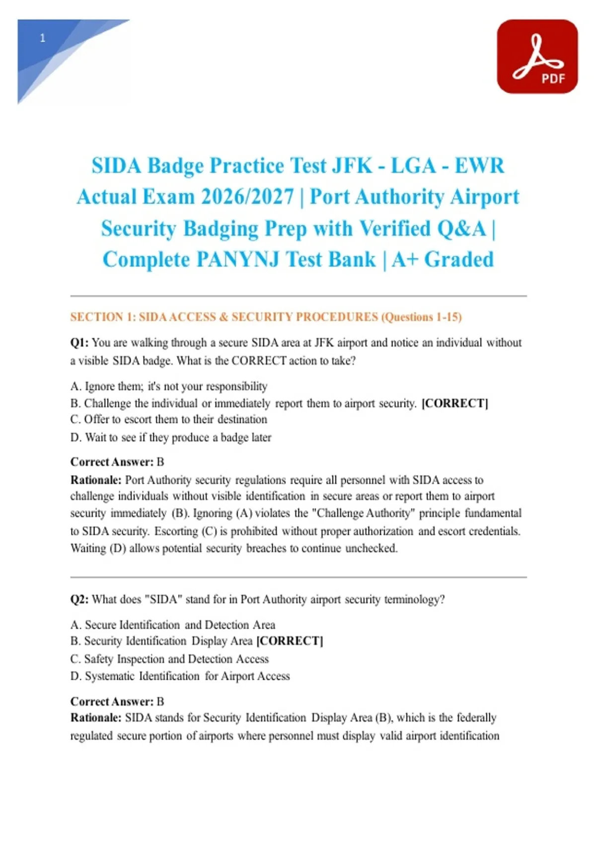 SIDA Badge Practice Test JFK - LGA - EWR Actual Exam 2026/2027 | Port ...