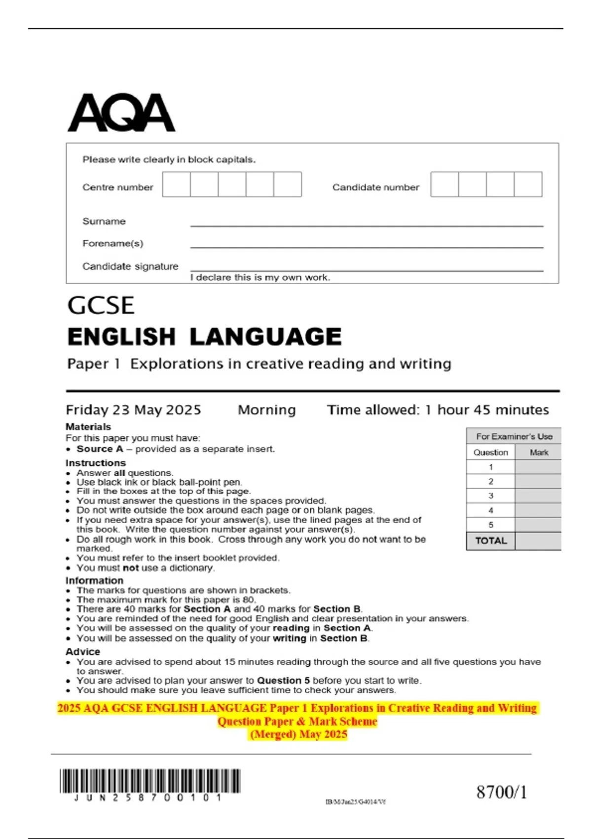 2025 AQA GCSE ENGLISH LANGUAGE Paper 1 Explorations in Creative Reading ...