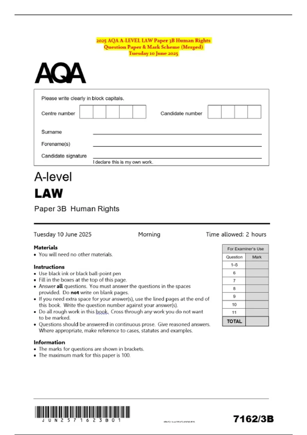 2025 AQA A-LEVEL LAW Paper 3B Human Rights Question Paper & Mark Scheme ...