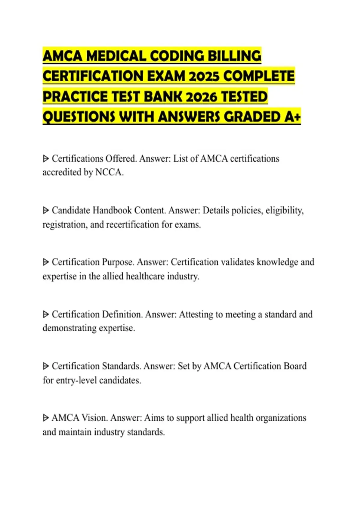 AMCA MEDICAL CODING BILLING CERTIFICATION EXAM 2025 COMPLETE PRACTICE TEST BANK 2026 TESTED ...
