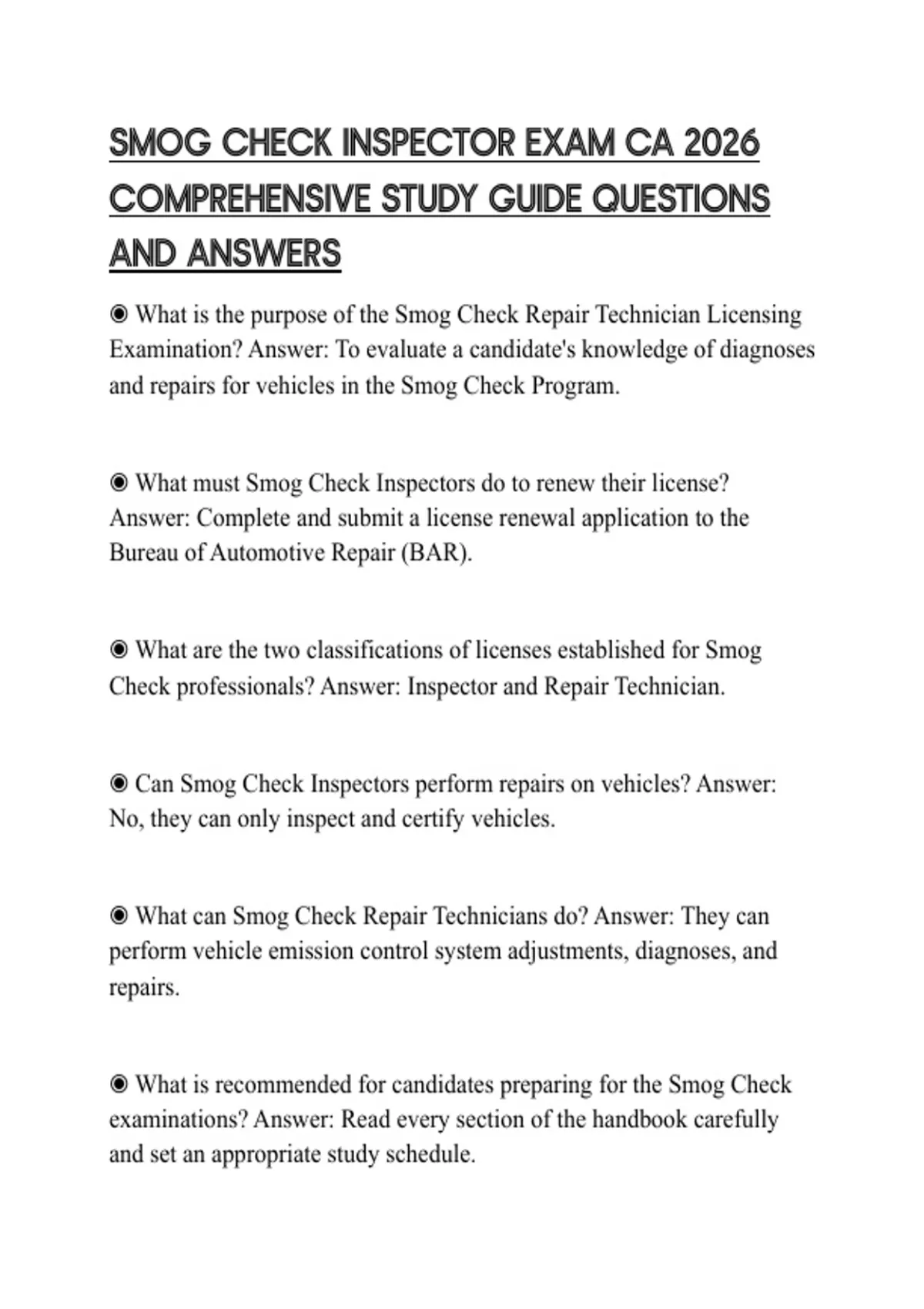 SMOG CHECK INSPECTOR EXAM CA 2026 COMPREHENSIVE STUDY GUIDE QUESTIONS ...