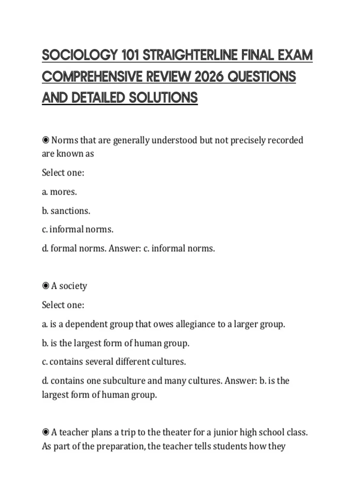 SOCIOLOGY 101 STRAIGHTERLINE FINAL EXAM COMPREHENSIVE REVIEW 2026 ...