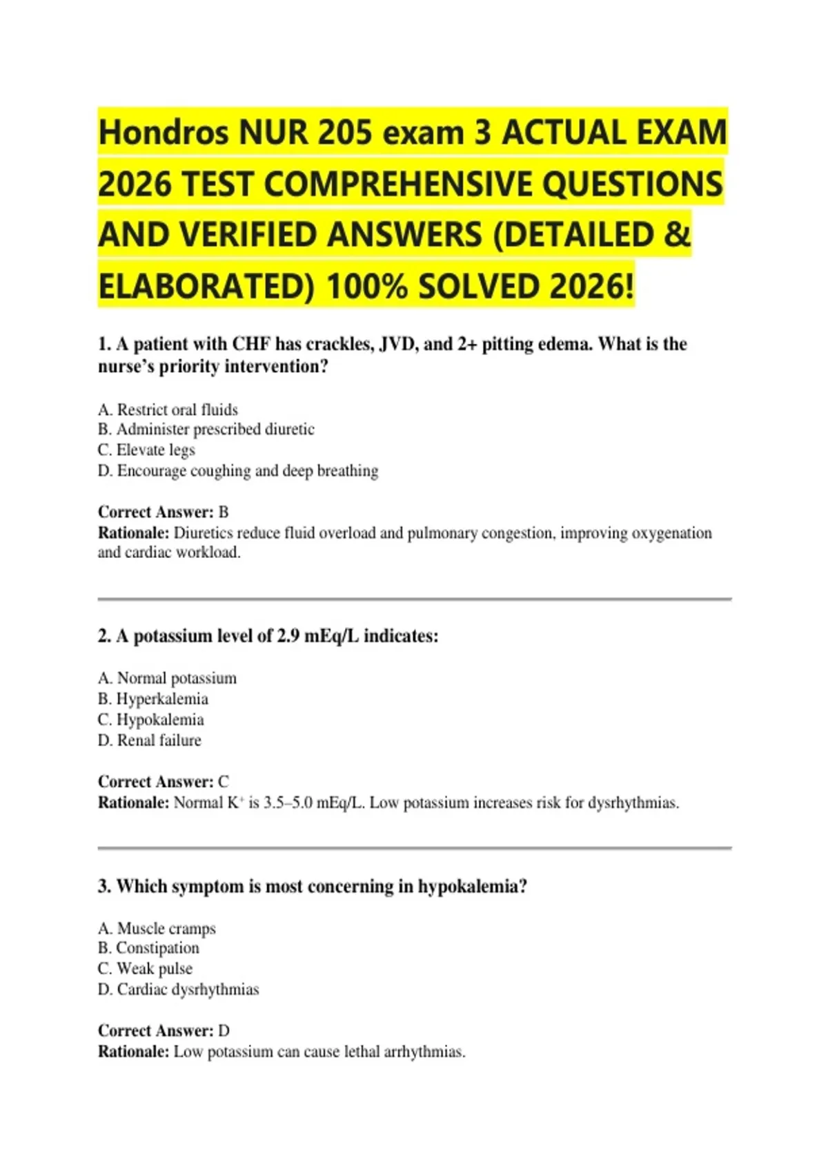 Hondros NUR 205 exam 3 ACTUAL EXAM 2026 TEST COMPREHENSIVE QUESTIONS ...