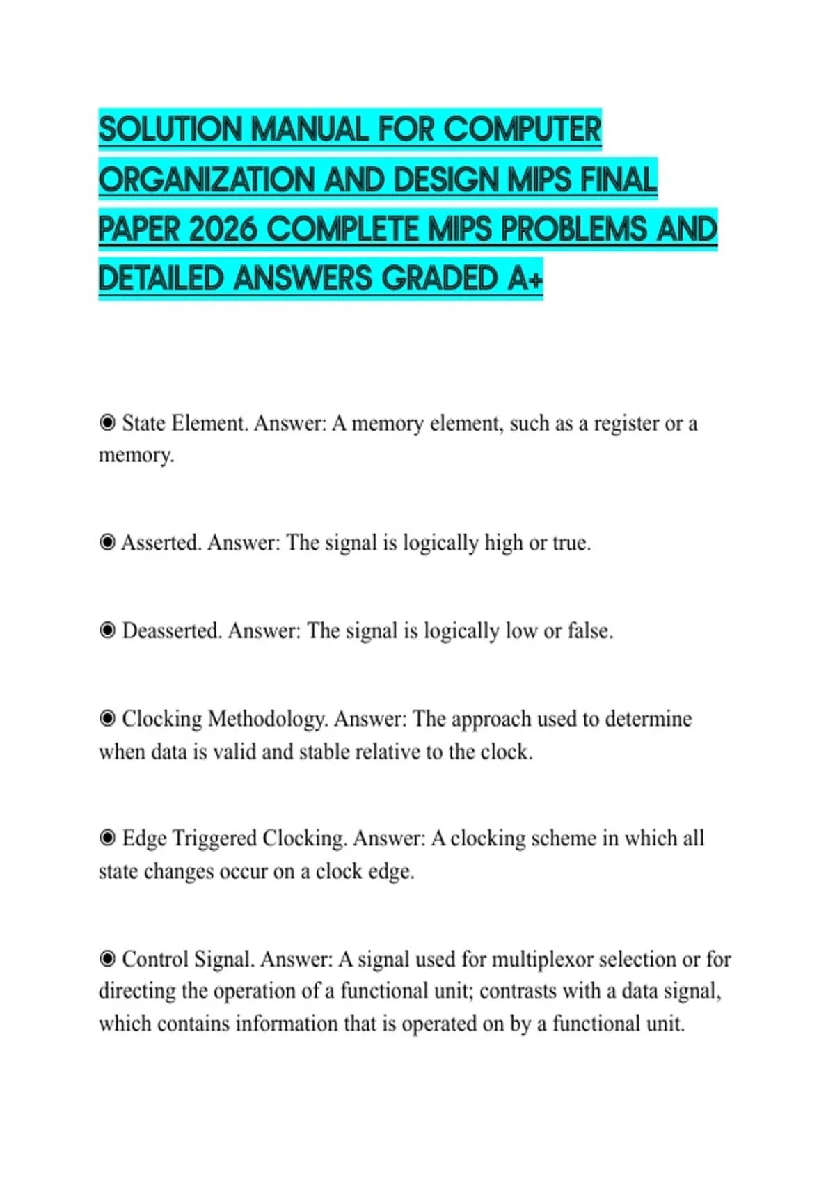 SOLUTION MANUAL FOR COMPUTER ORGANIZATION AND DESIGN MIPS FINAL PAPER ...