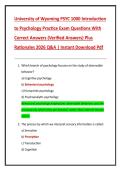University of Wyoming PSYC 1000 Introduction  to Psychology Practice Exam Questions With  Correct Answers &lpar;Verified Answers&rpar; Plus  Rationales 2026 Q&A &vert; Instant Download Pdf