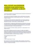 REAL ESTATE SALESPERSON LICENSE EXAM QUESTIONS & CORRECT ANSWERS ALREADY GRADED A&plus;