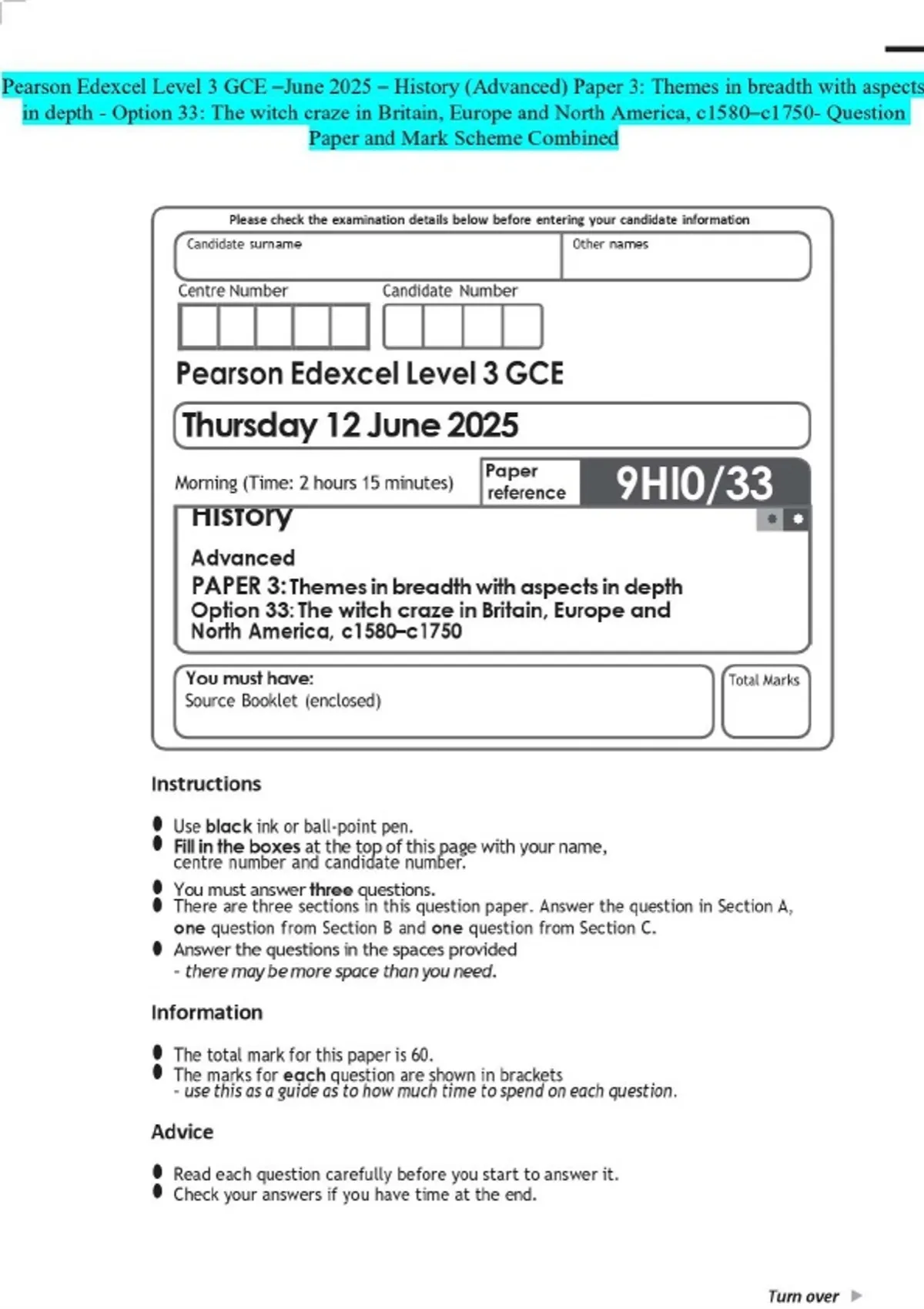 Pearson Edexcel Level 3 GCE -June 2025 - History (Advanced) Paper 3 ...