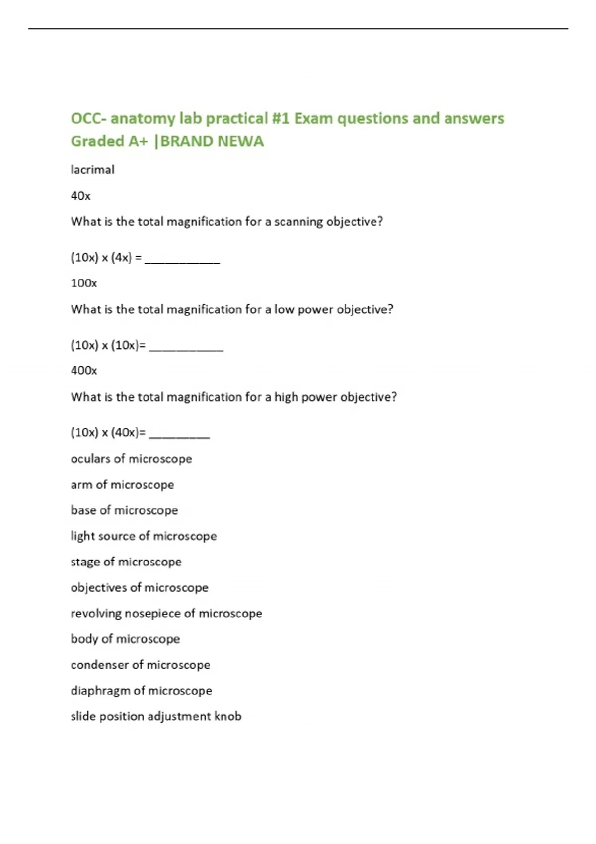 OCC- anatomy lab practical #1 Exam questions and answers Graded A+ ...