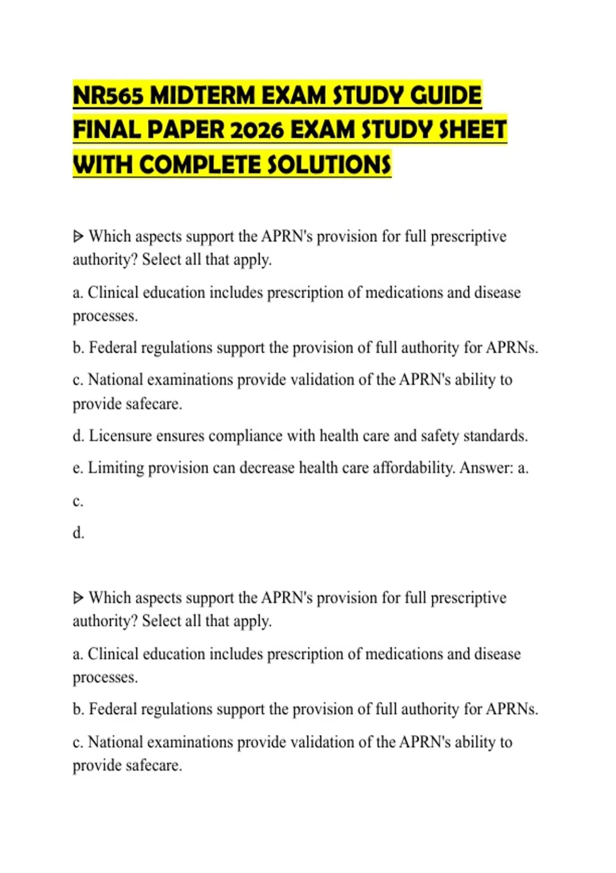 NR565 MIDTERM EXAM STUDY GUIDE FINAL PAPER 2026 EXAM STUDY SHEET WITH ...