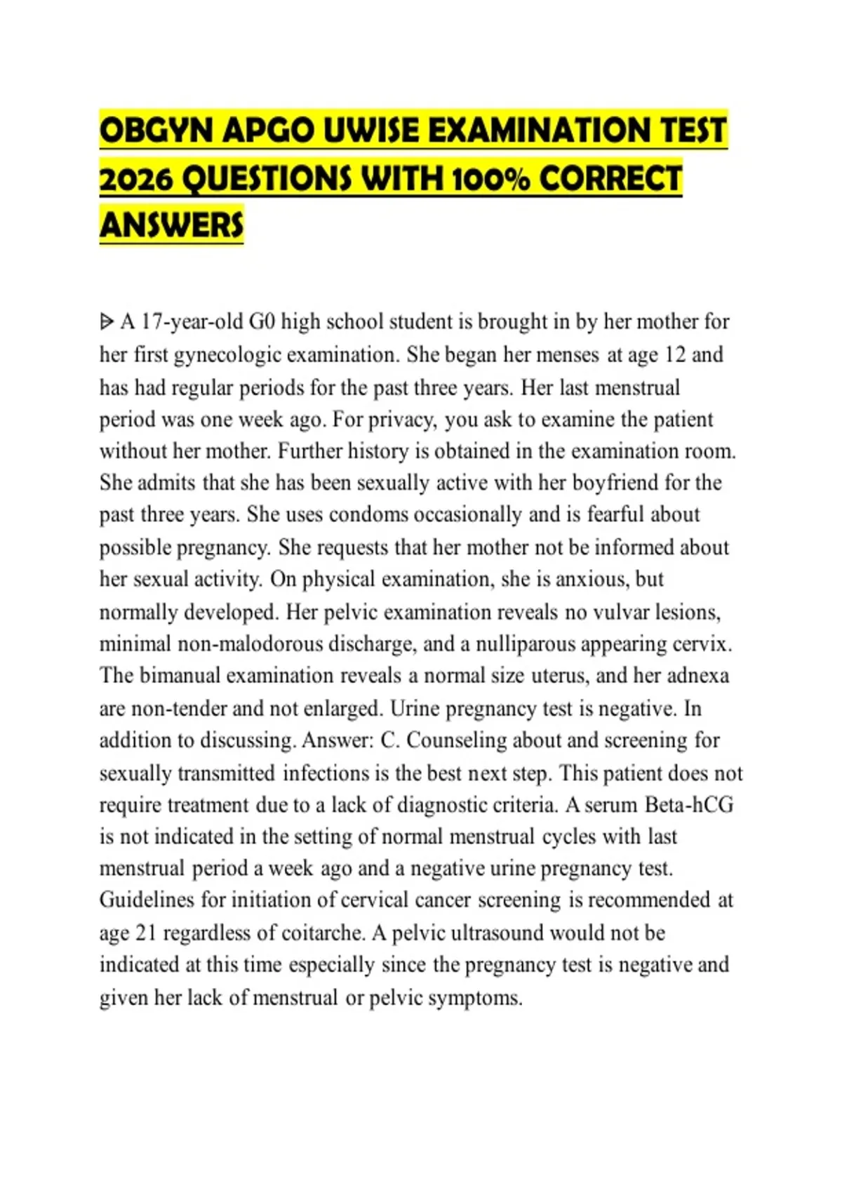 OBGYN APGO UWISE EXAMINATION TEST 2026 QUESTIONS WITH 100% CORRECT ...