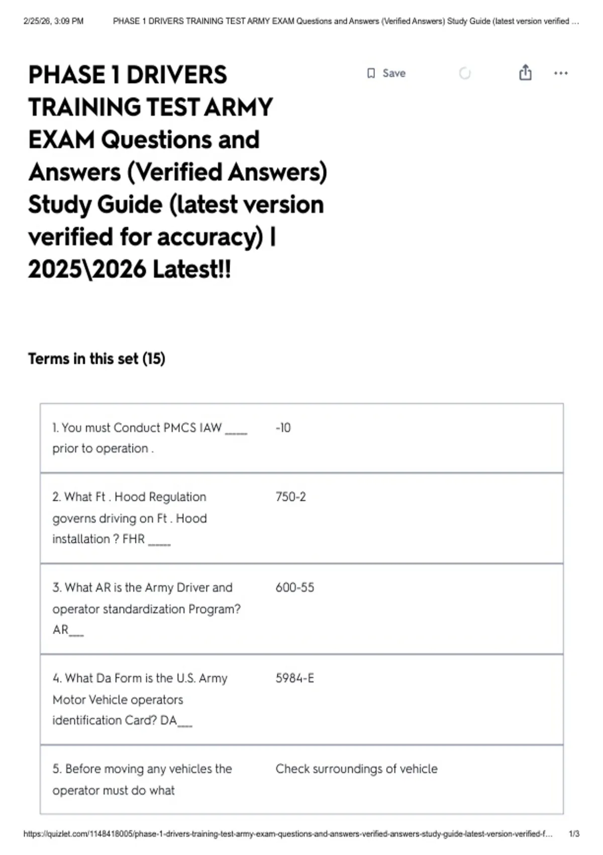 PHASE 1 DRIVERS TRAINING TEST ARMY EXAM Questions and Answers (Verified ...