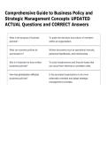 Comprehensive Guide to Business Policy and  Strategic Management Concepts UPDATED  ACTUAL Questions and CORRECT Answers 