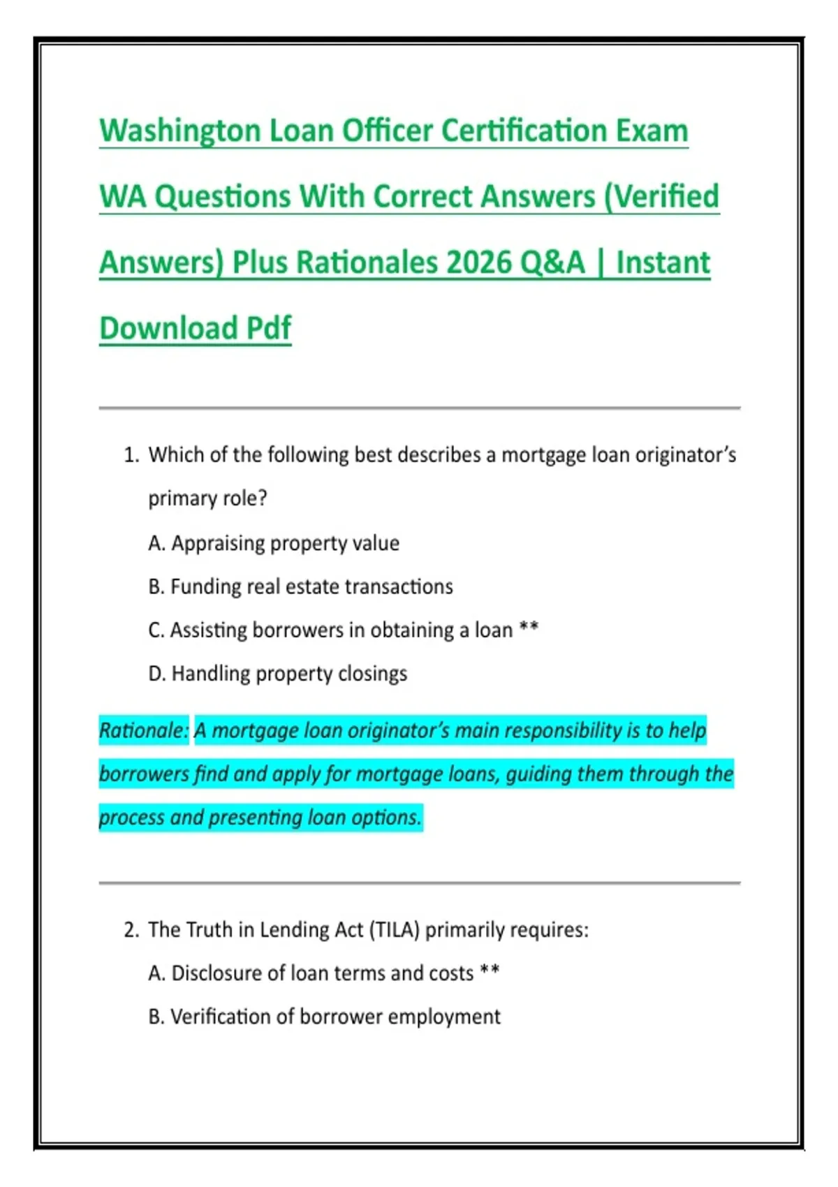Washington Loan Officer Certification Exam WA Questions With Correct Answers (Verified Answers ...