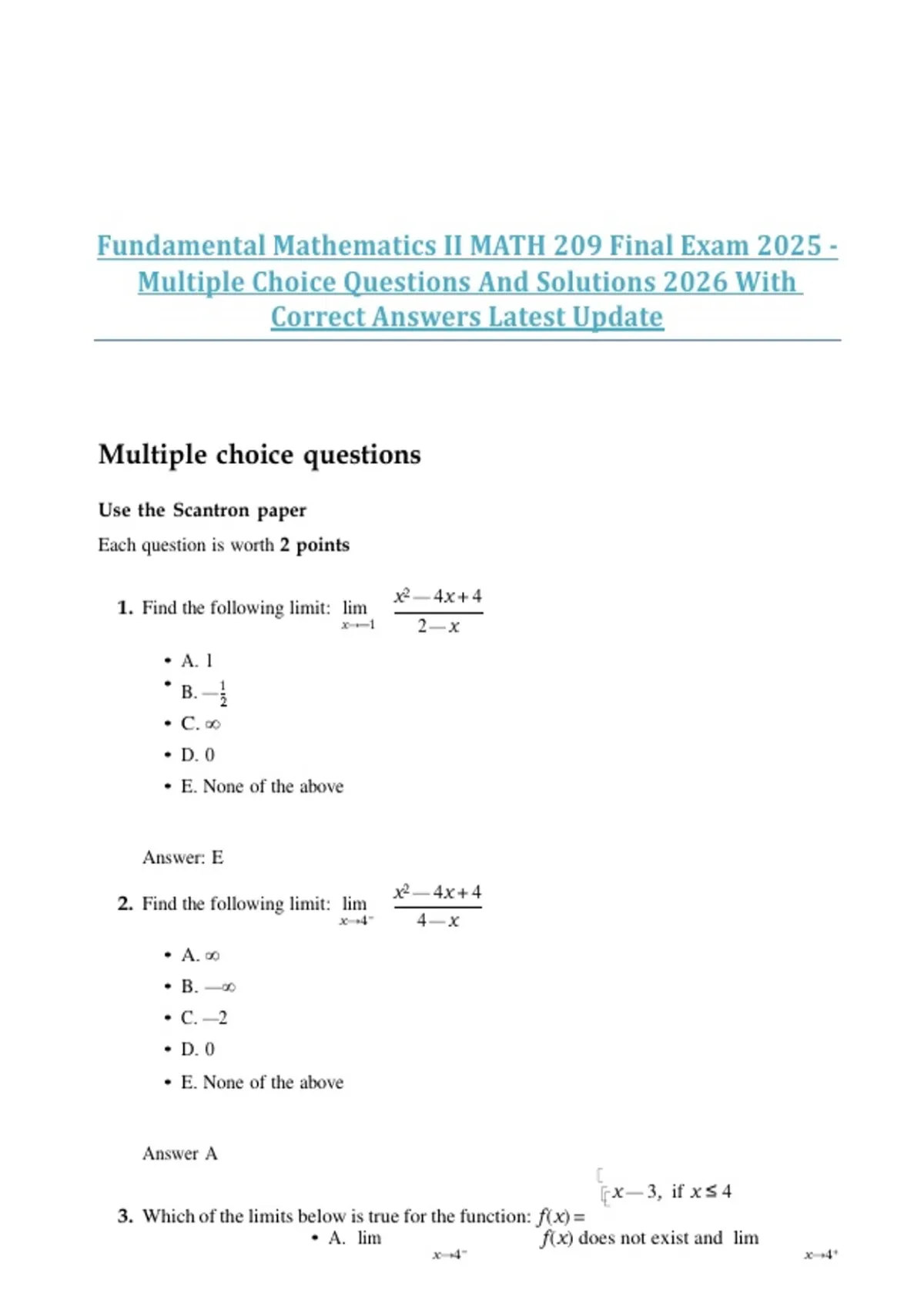 Fundamental Mathematics II MATH 209 Final Exam 2025 - Multiple Choice ...