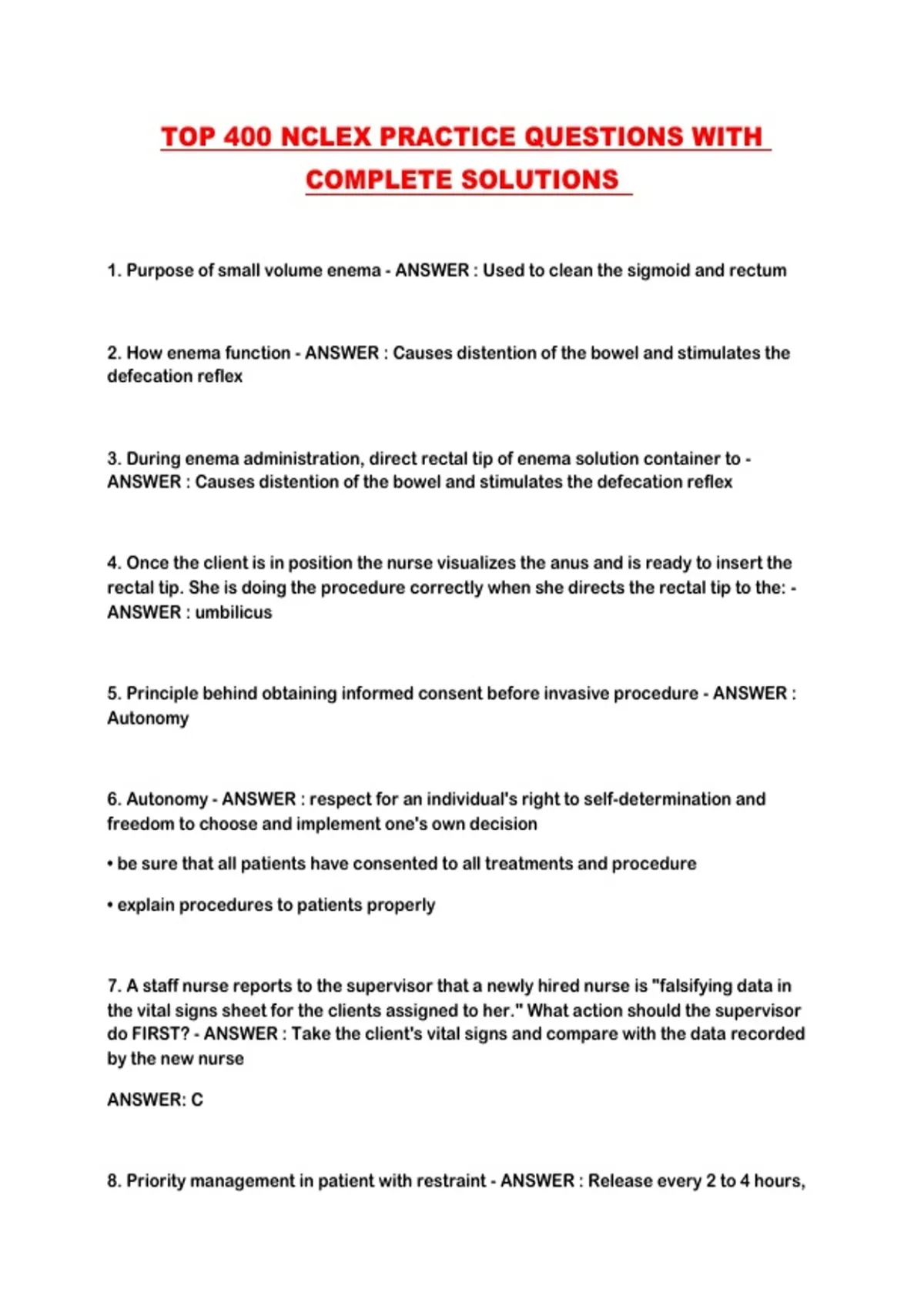 TOP 400 NCLEX PRACTICE QUESTIONS WITH COMPLETE SOLUTIONS - TOP 400 ...