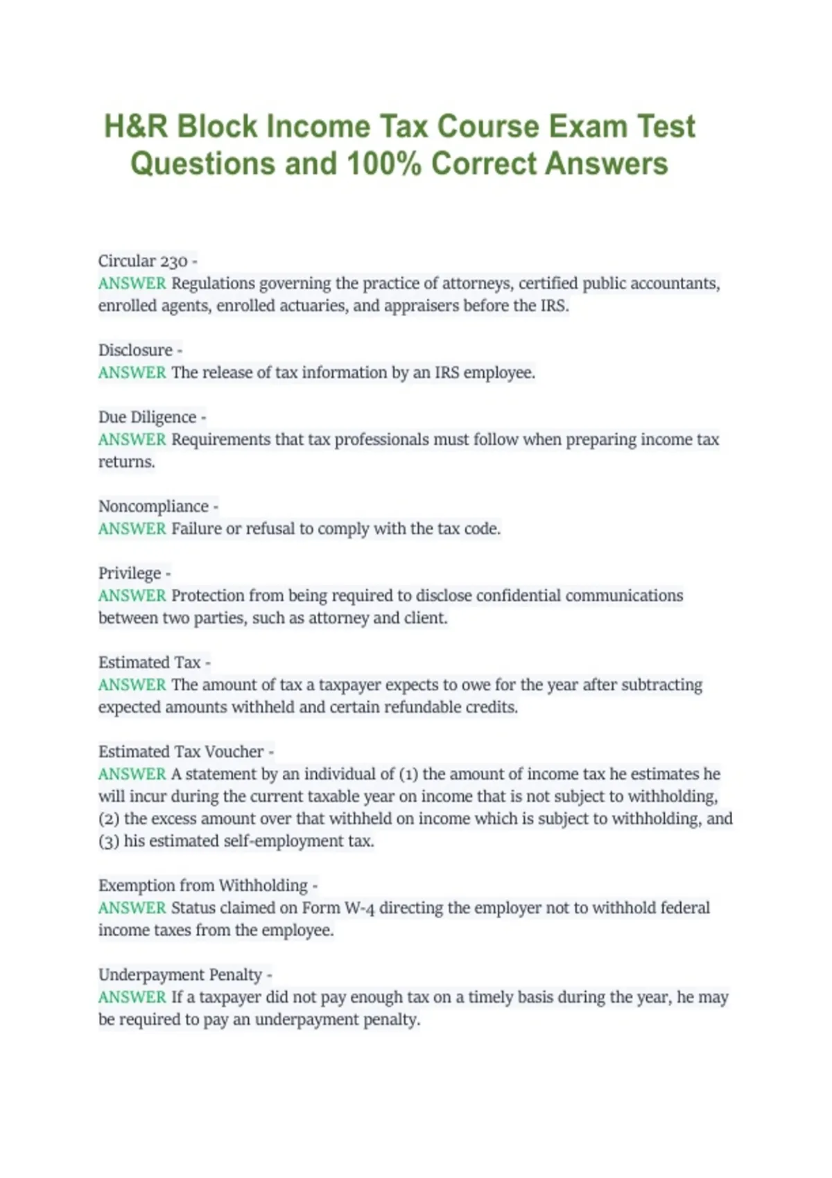 Half Block Course H&R Block Income Tax Course – Academic Year 2026/2027 – Exam Test ...