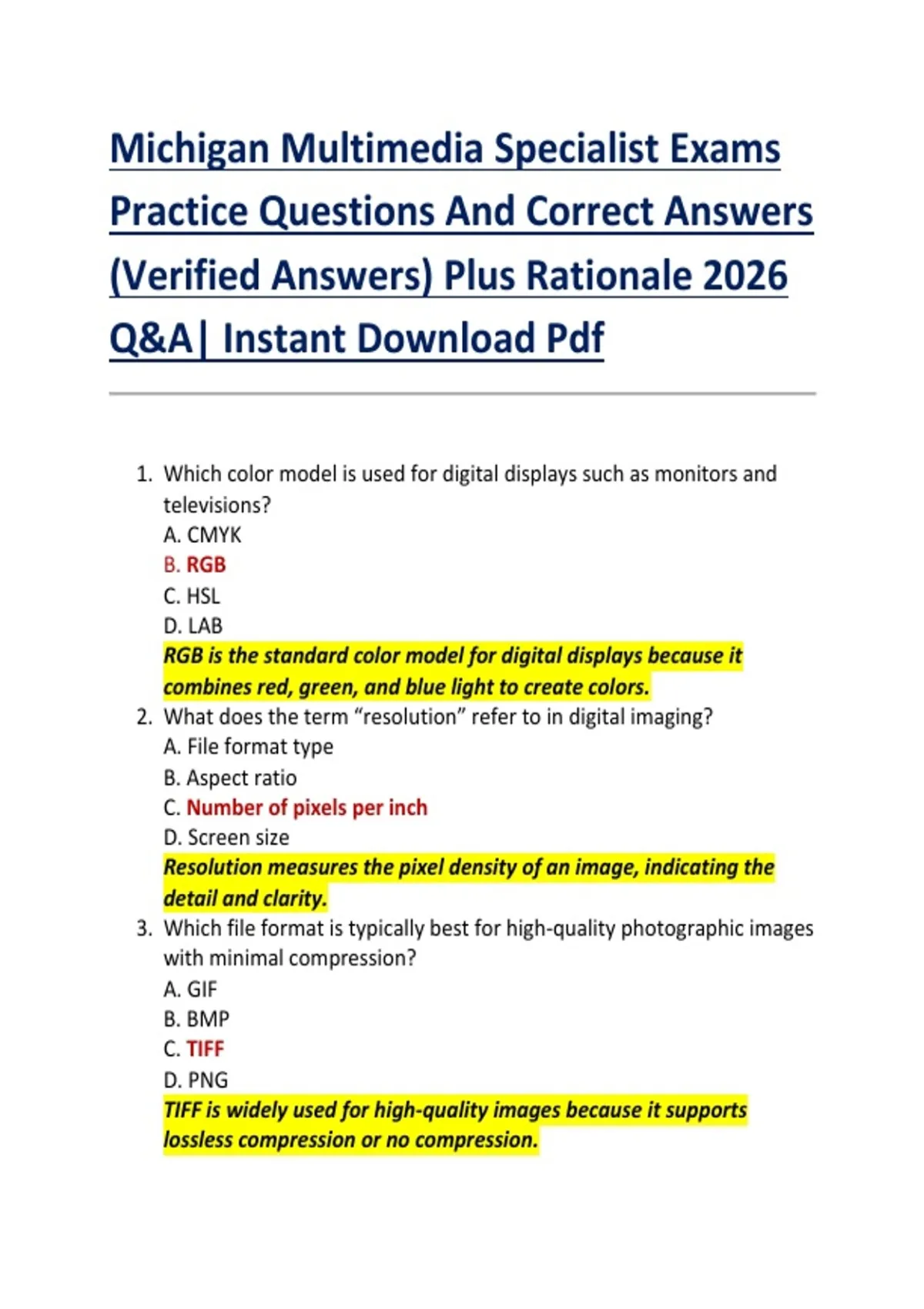Michigan Multimedia Specialist Exams Practice Questions And Correct ...