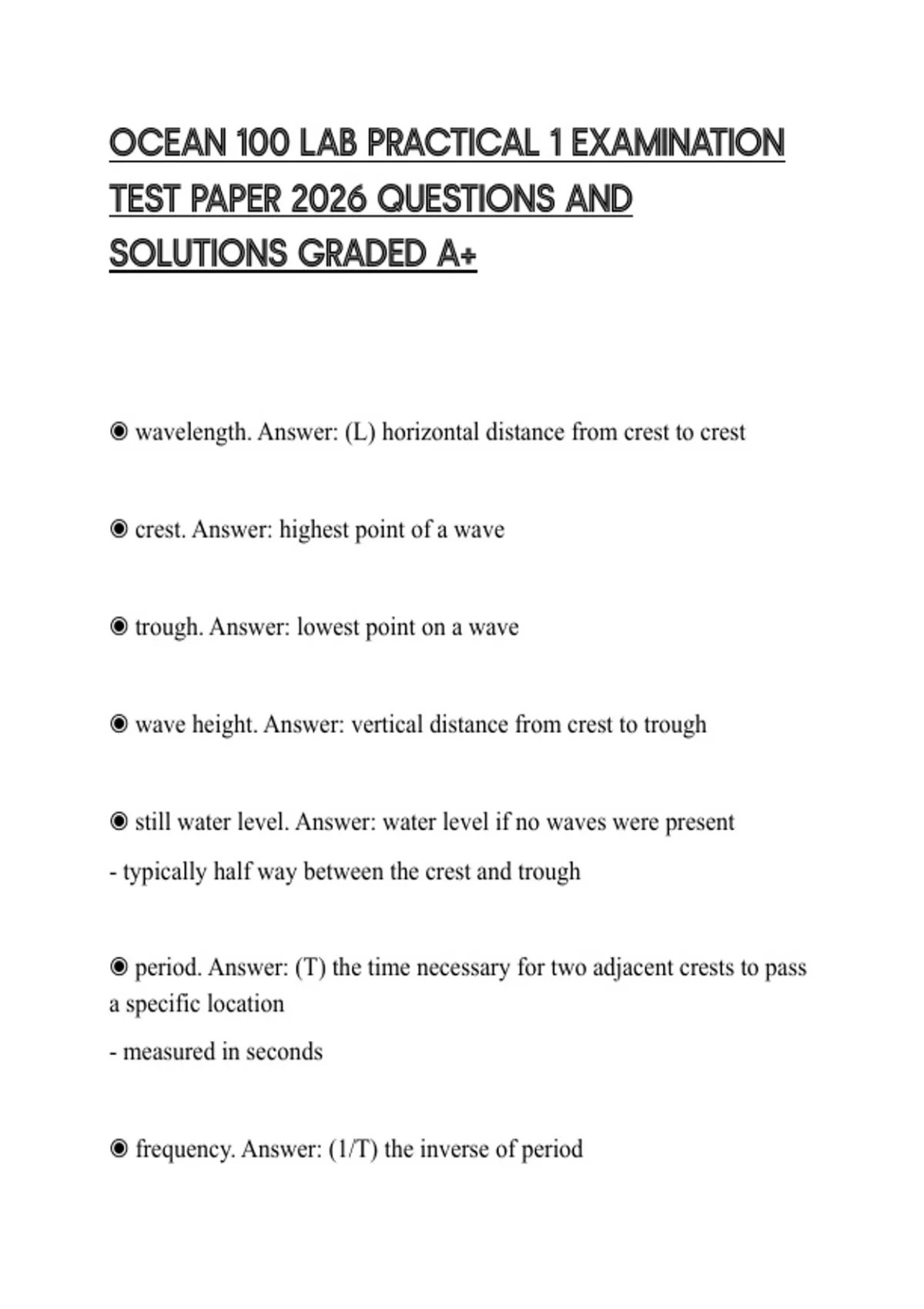 OCEAN 100 LAB PRACTICAL 1 EXAMINATION TEST PAPER 2026 QUESTIONS AND ...