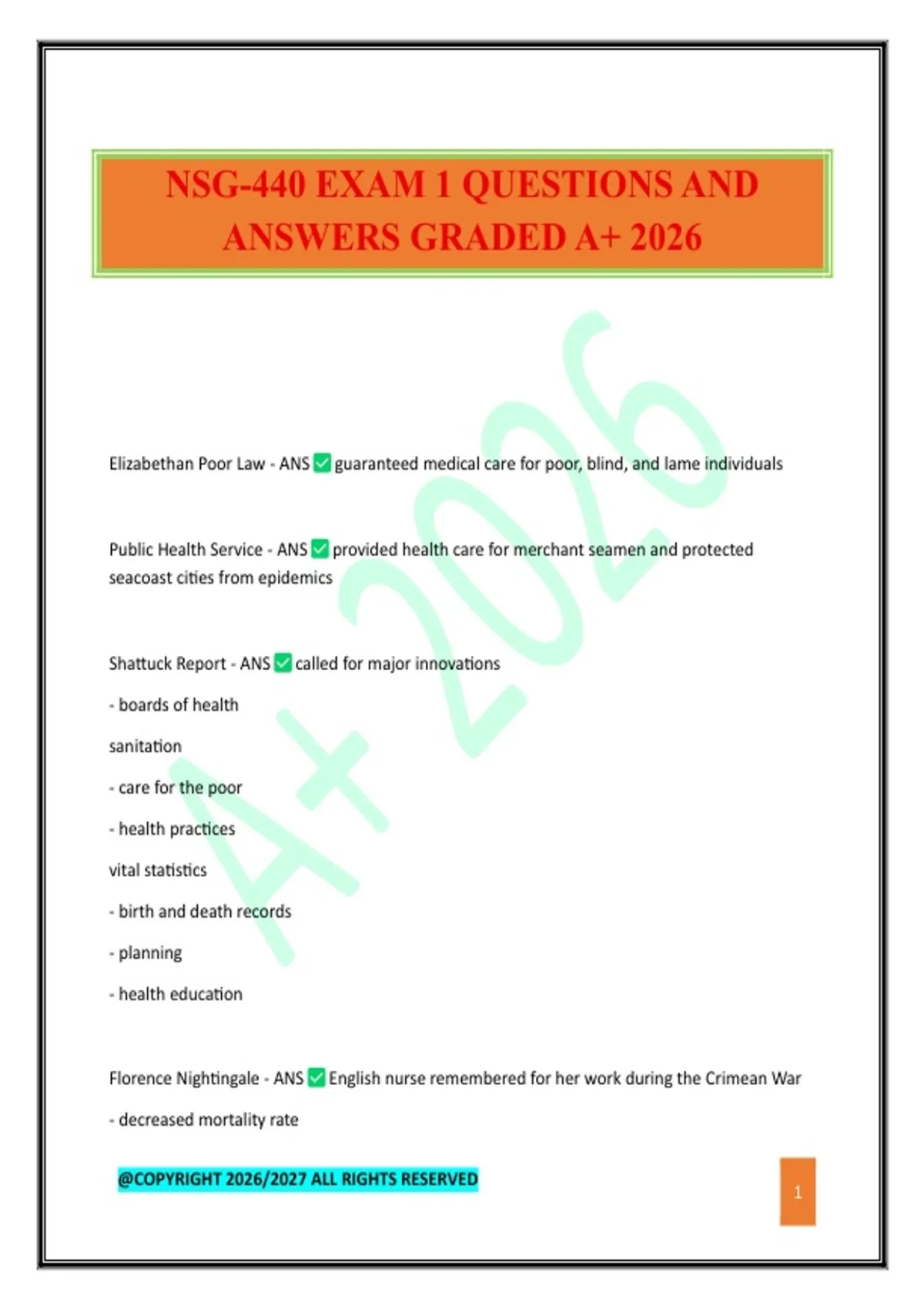 NSG-440 EXAM 1 QUESTIONS AND ANSWERS GRADED A+ 2026 - NSG 440 - Stuvia US