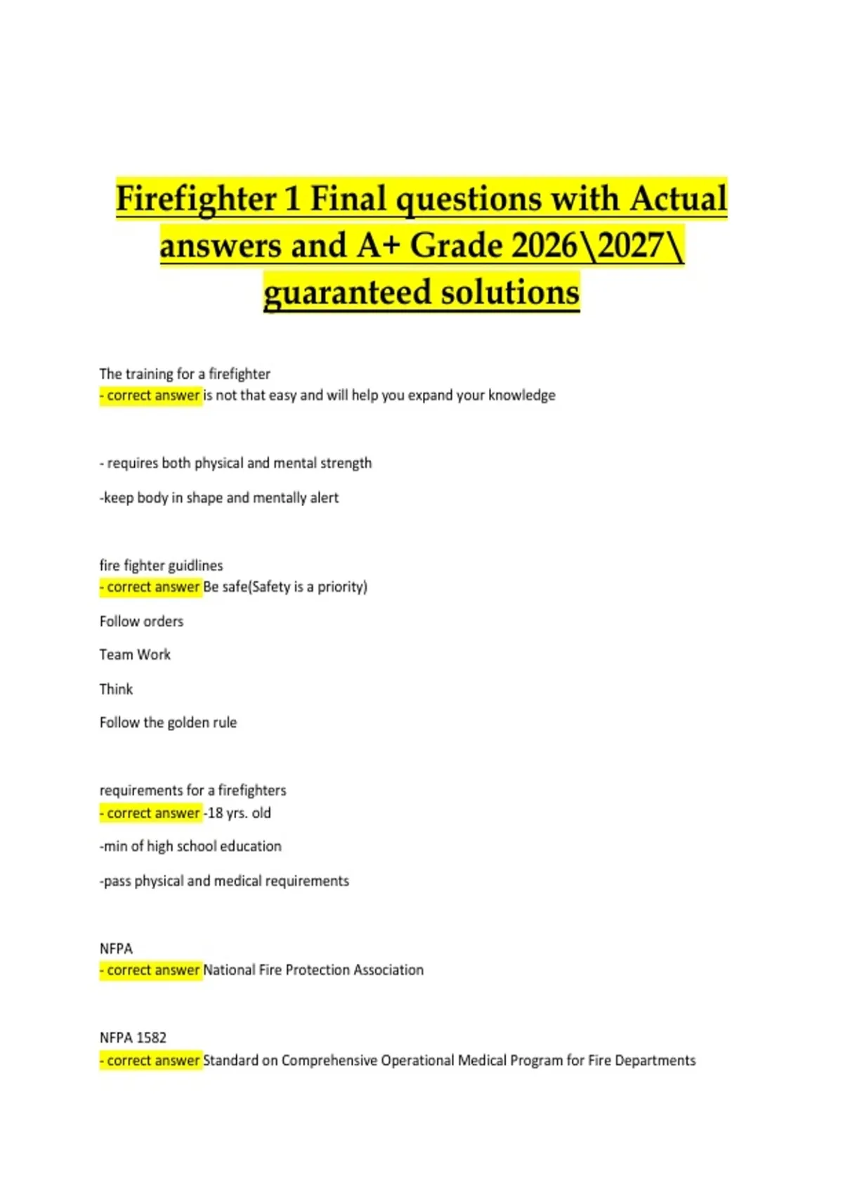 Firefighter 1 Final questions with Actual answers and A+ Grade ...