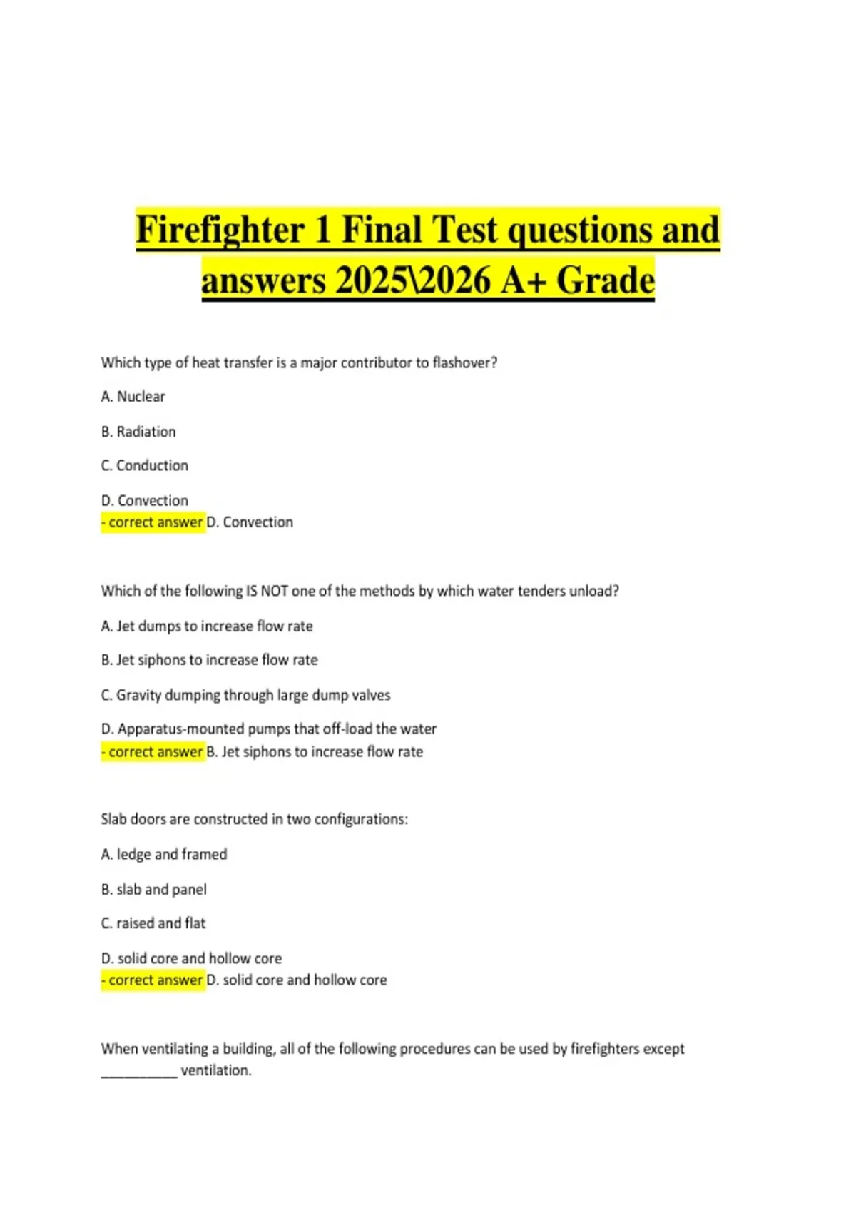 Firefighter 1 Final Test – Questions and Answers 2025/2026 – A+ ...