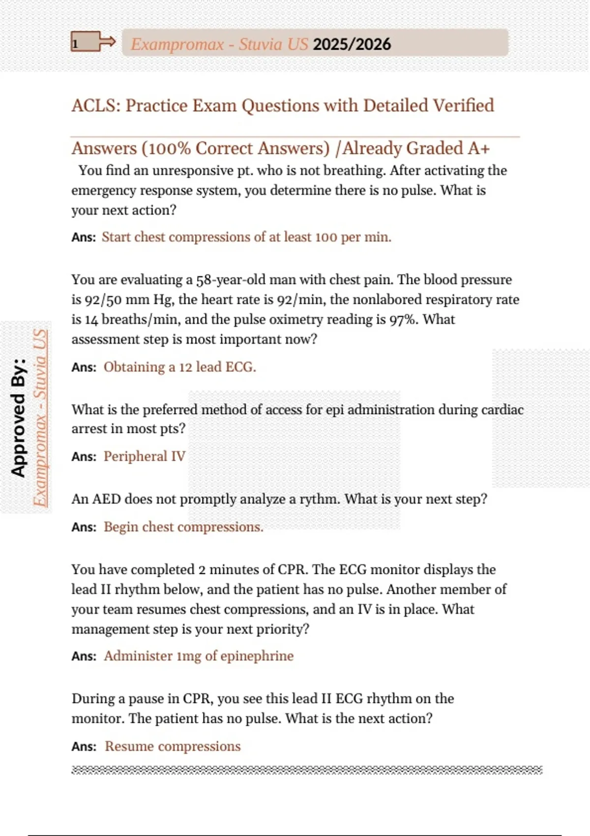 ACLS Exam Questions and Answers , Exams of Nursing - AHA ACLS - Stuvia US