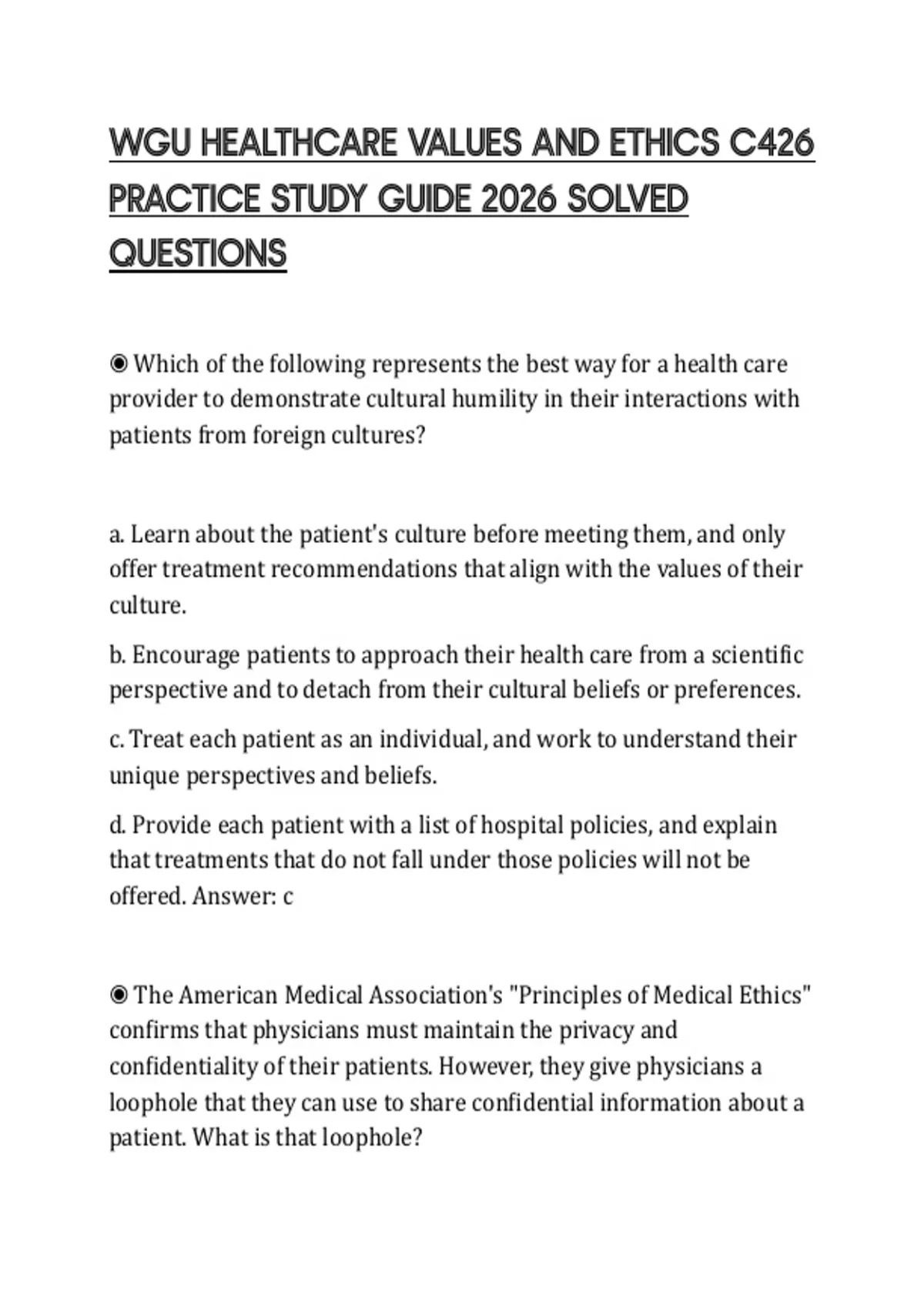 WGU HEALTHCARE VALUES AND ETHICS C426 PRACTICE STUDY GUIDE 2026 SOLVED ...