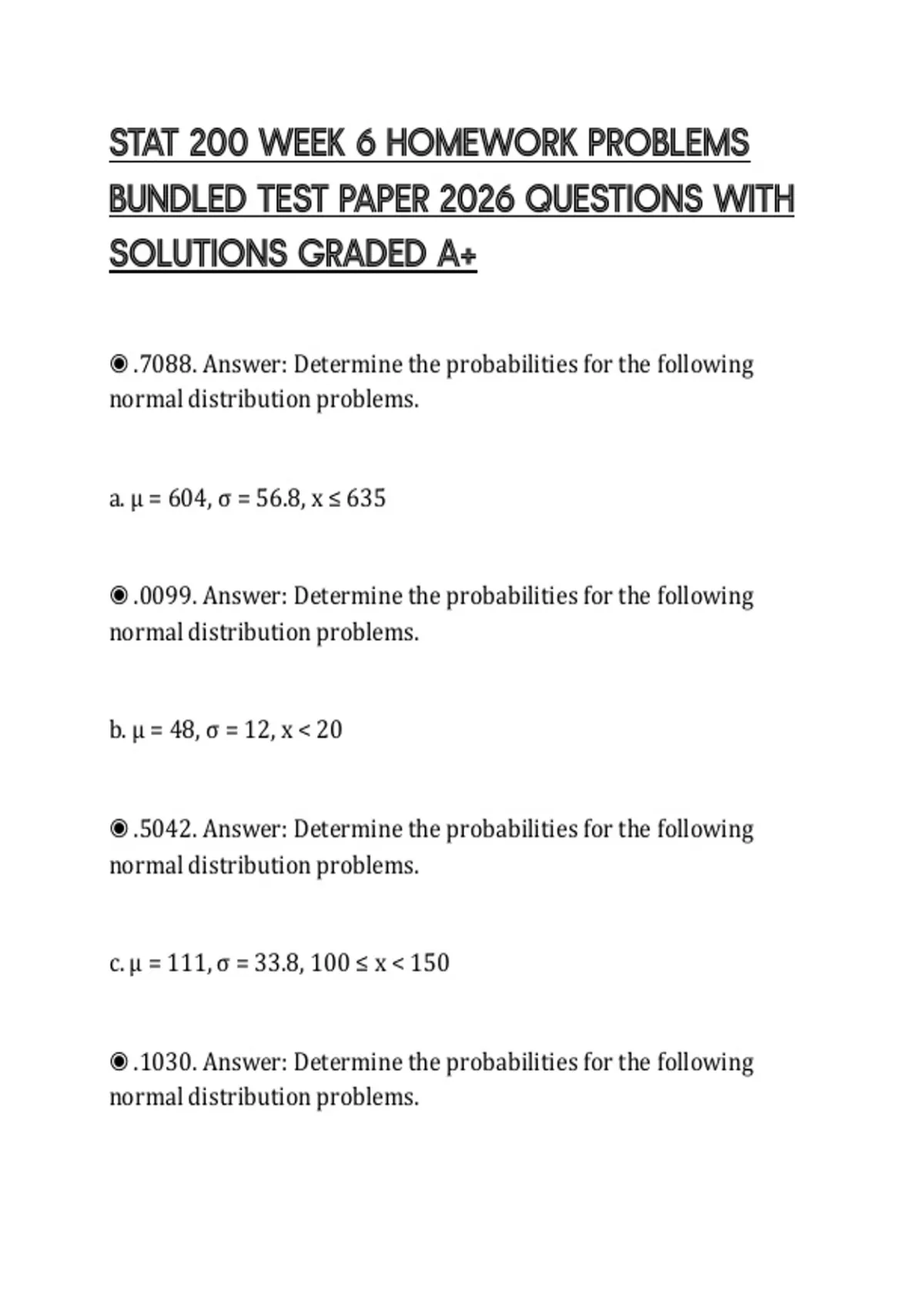 STAT 200 WEEK 6 HOMEWORK PROBLEMS BUNDLED TEST PAPER 2026 QUESTIONS ...
