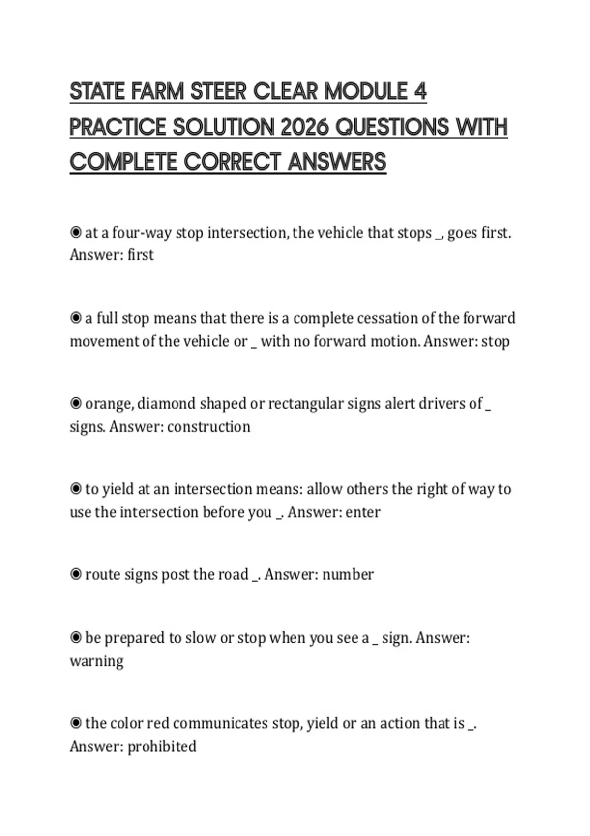 STATE FARM STEER CLEAR MODULE 4 PRACTICE SOLUTION 2026 QUESTIONS WITH ...