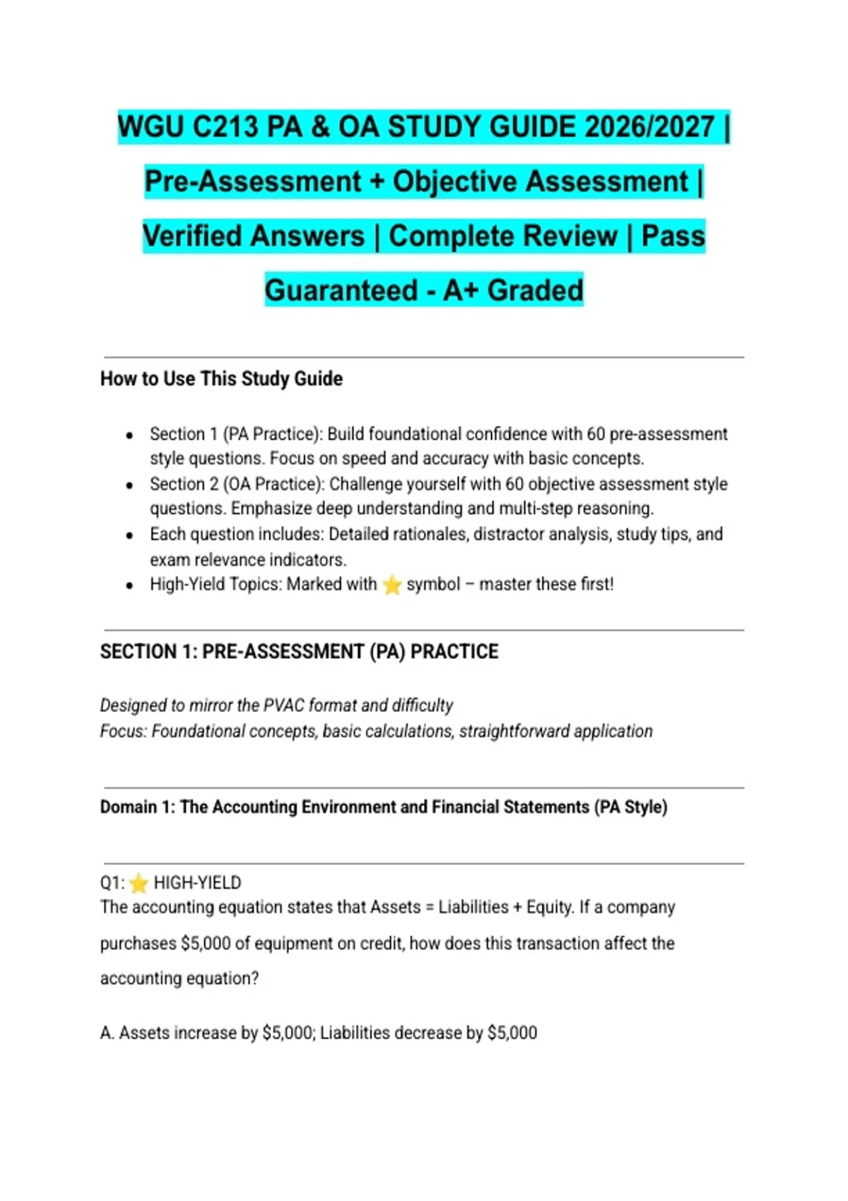 WGU C213 PA & OA STUDY GUIDE 2026/2027 | Pre-Assessment + Objective ...