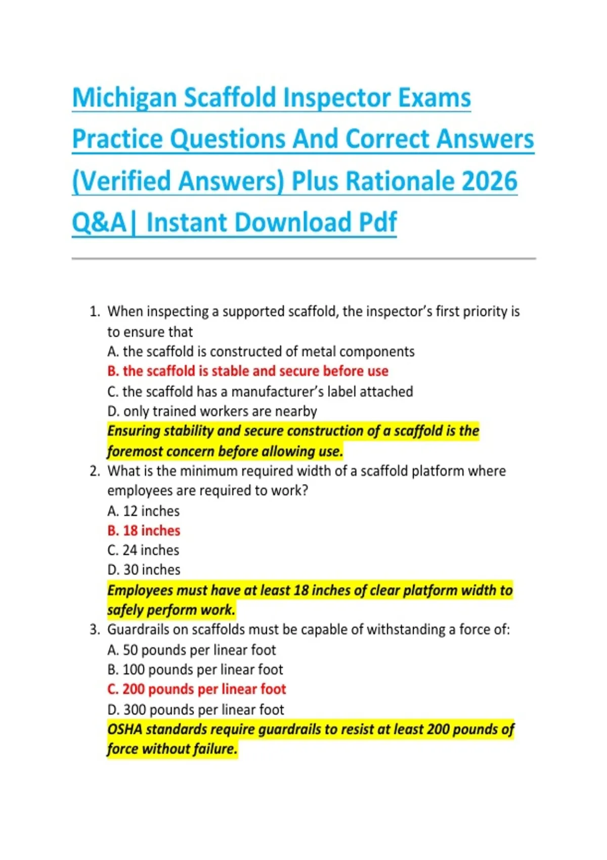 Michigan Scaffold Inspector Exams Practice Questions And Correct Answers (Verified Answers) Plus ...