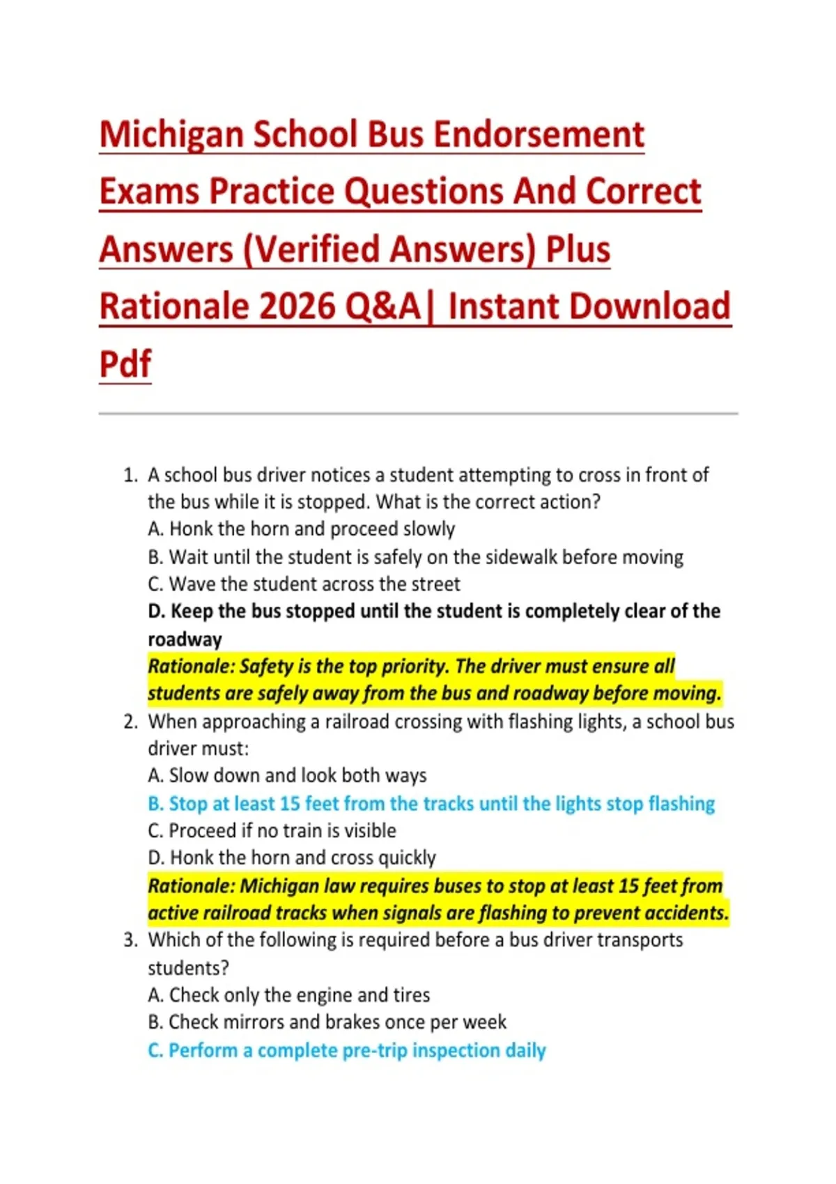 Michigan School Bus Endorsement Exams Practice Questions And Correct ...
