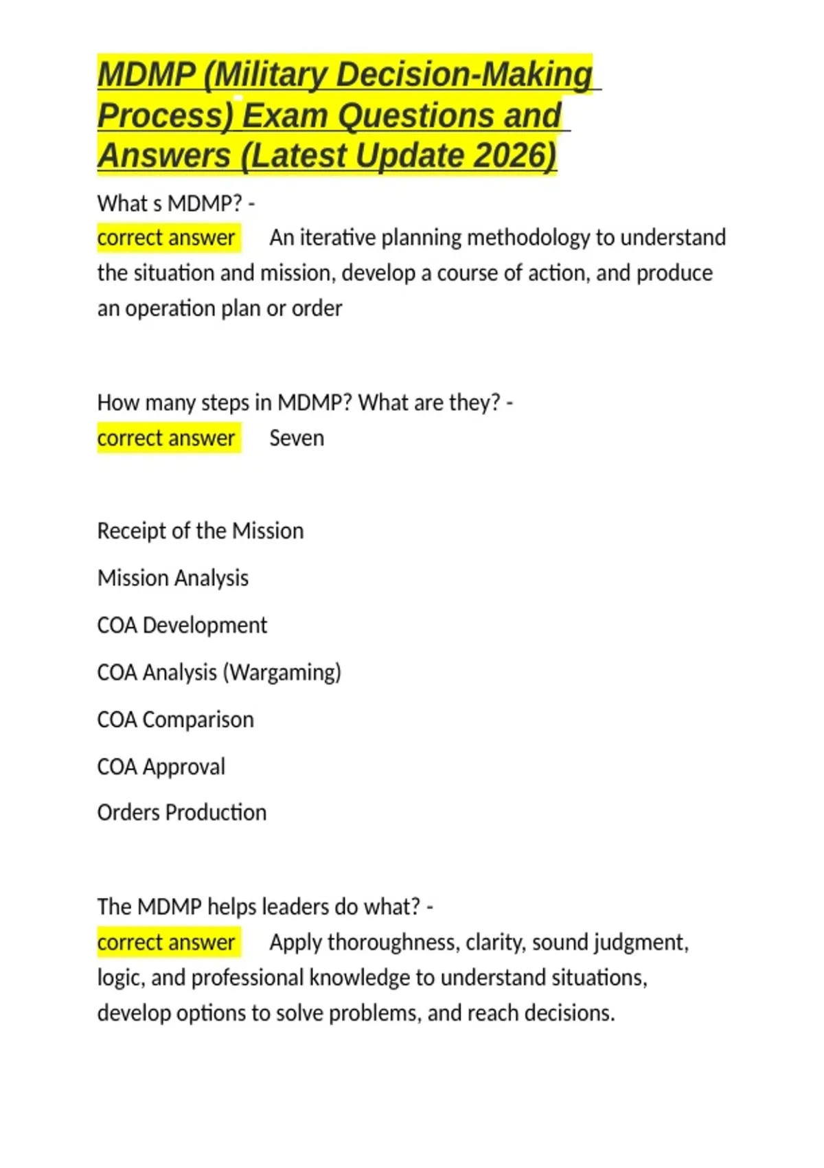 MDMP (Military Decision-Making Process) Exam Questions and Answers ...