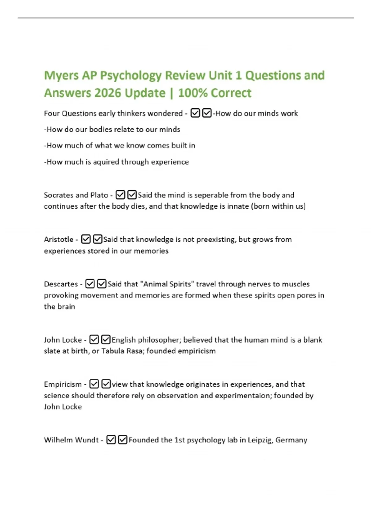 Myers AP Psychology Review Unit 1 Questions and Answers 2026 Update ...