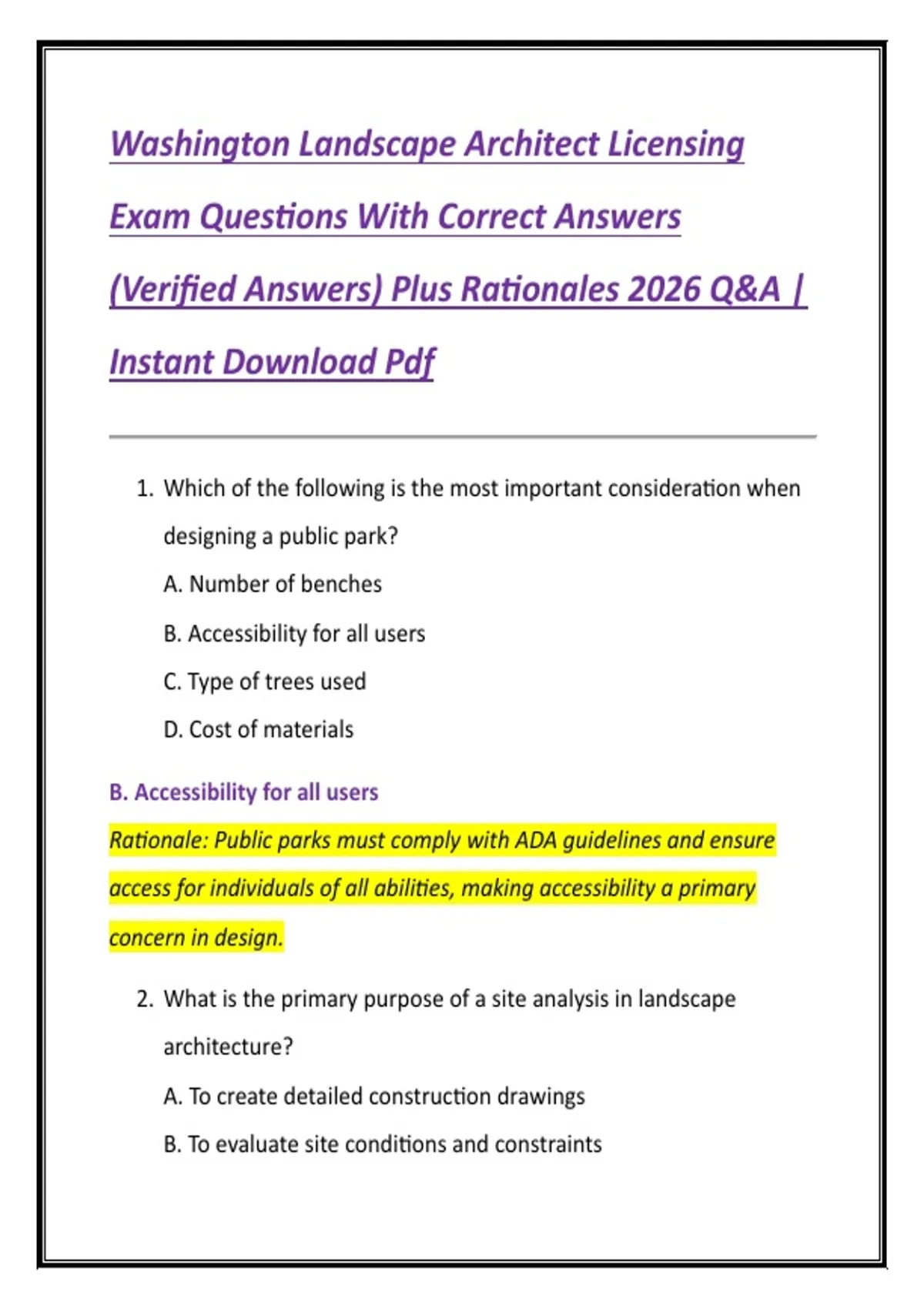 Washington Landscape Architect Licensing Exam Questions With Correct ...