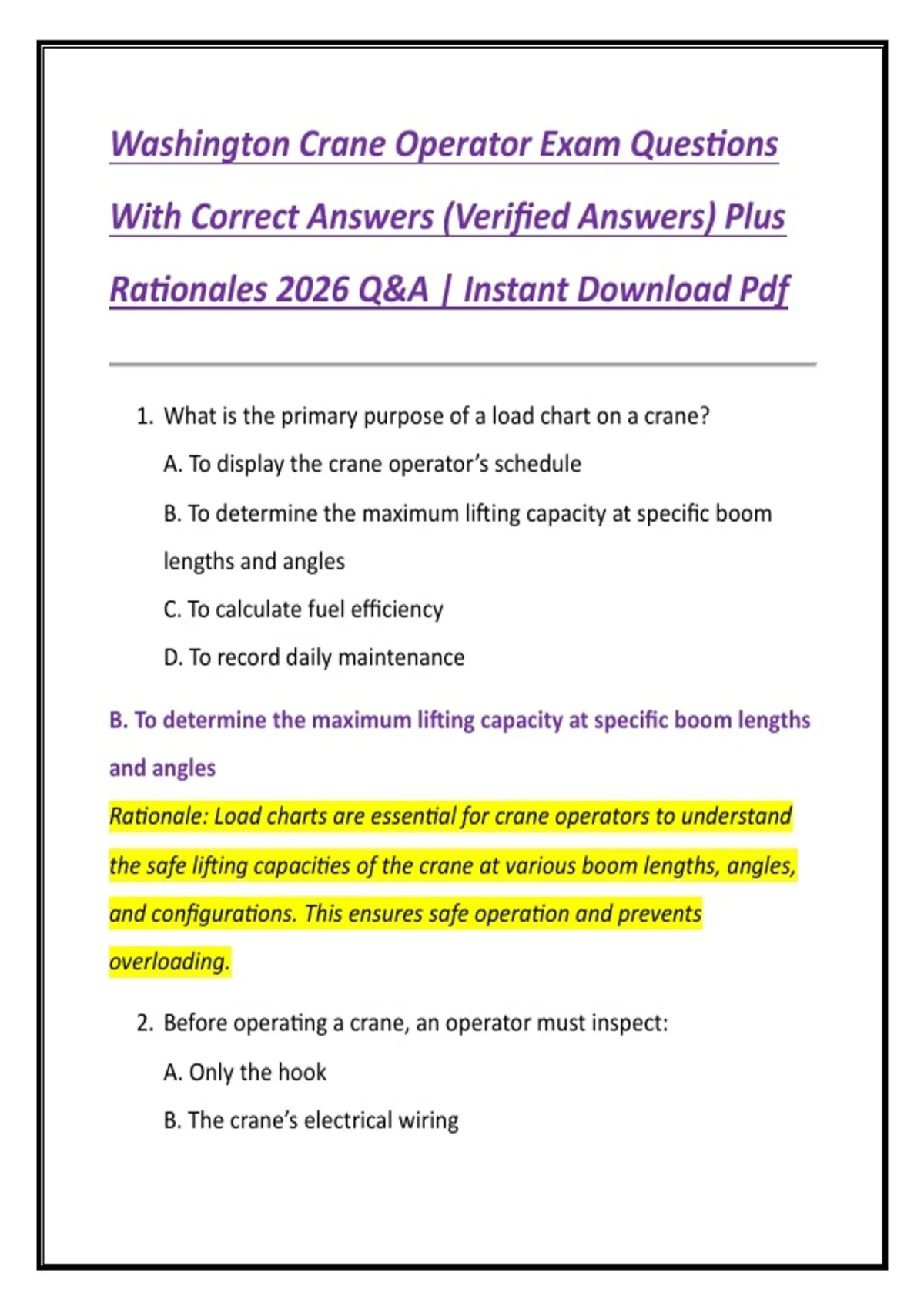 Washington Crane Operator Exam Questions With Correct Answers (Verified ...