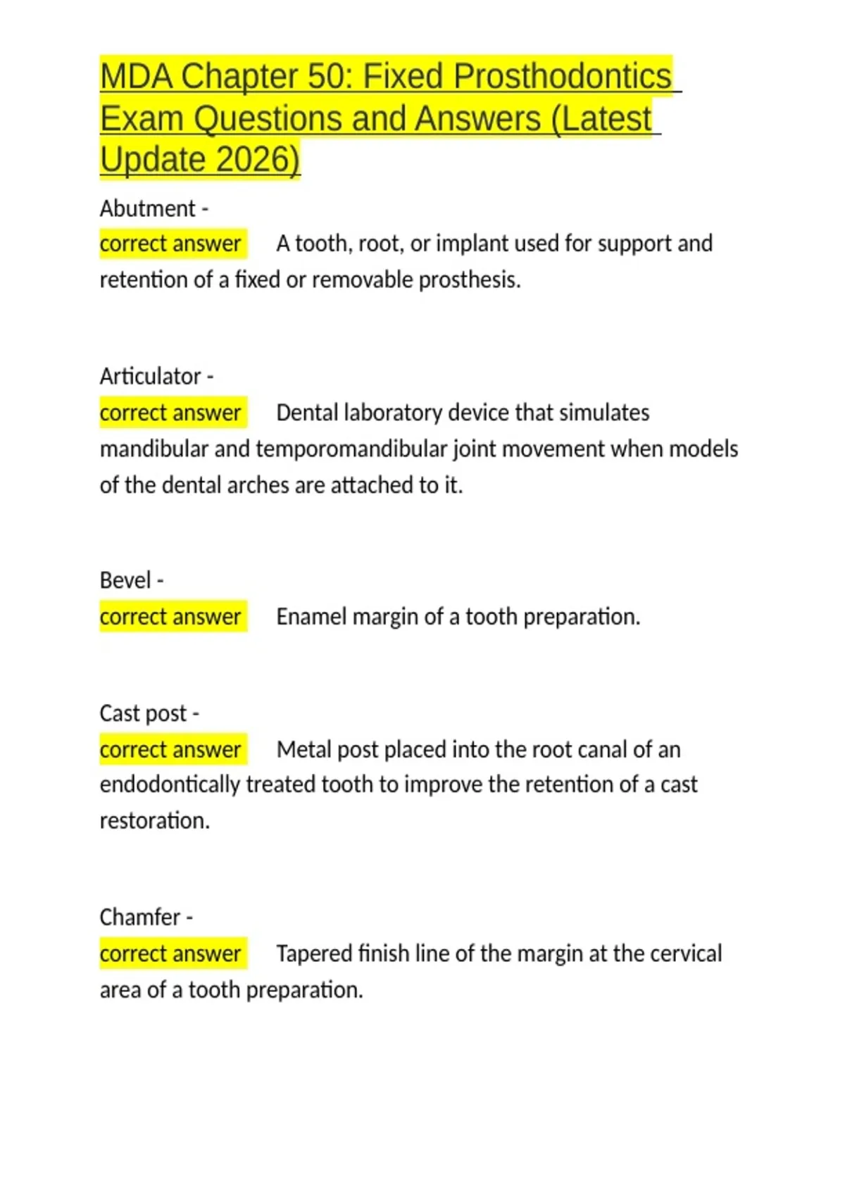 MDA Chapter 50 Fixed Prosthodontics Exam Questions and Answers (Latest ...
