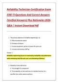 Reliability Technician Certification Exam  &lpar;CRE-T&rpar; Questions And Correct Answers  &lpar;Verified Answers&rpar; Plus Rationales 2026  Q&A &vert; Instant Download Pdf 