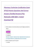 Pharmacy Technician Certification Exam  &lpar;PTCE&rpar; Practice Questions And Correct  Answers &lpar;Verified Answers&rpar; Plus  Rationales 2026 Q&A &vert; Instant  Download Pdf