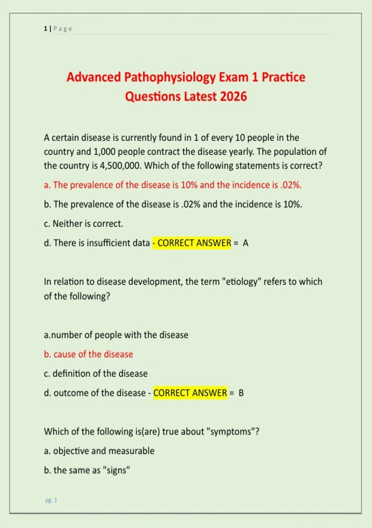 Advanced Pathophysiology Exam 1 Practice Questions Latest 2026 - Advanced Pathophysiology ...