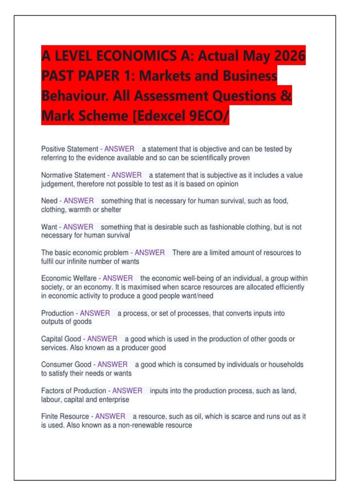 A LEVEL ECONOMICS A: Actual May 2026 PAST PAPER 1: Markets and Business ...