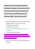Alabama Commercial Pesticide Applicator Certification Category 3 Ornamental and Turf Pest Control Practice Exam Questions And Correct Answers