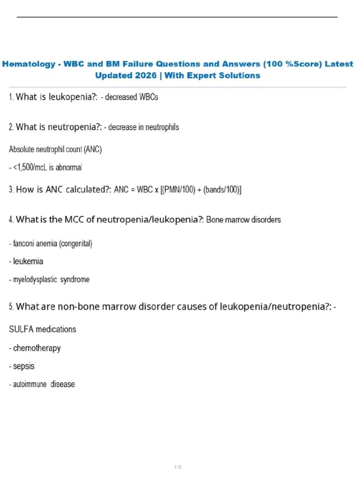 Hematology - WBC and BM Failure Questions and Answers (100 %Score ...