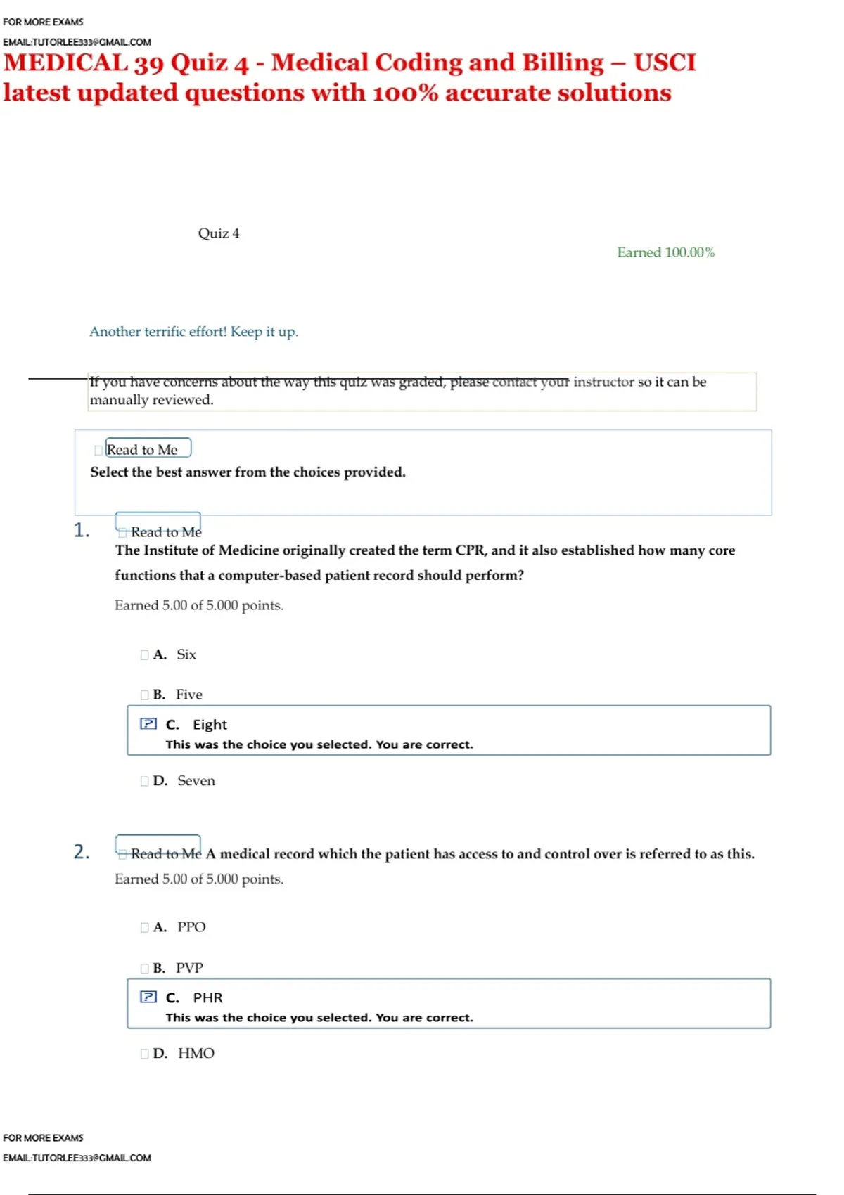 Questions Medical Coders MEDICAL 39 Quiz 4 - Medical Coding and Billing – USCI latest updated ...