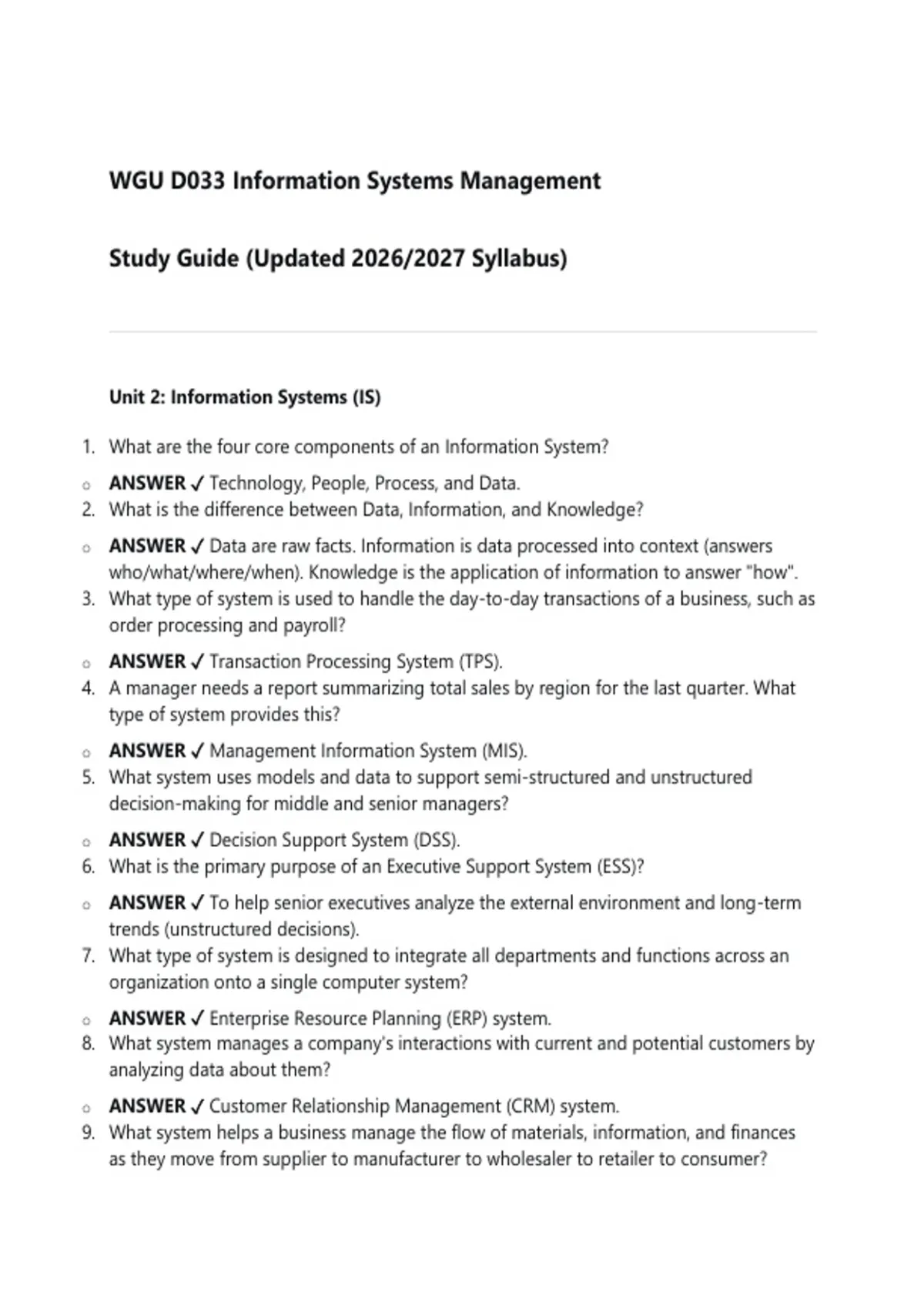 WGU D033 Information Systems Management Study Guide (Updated 2026/2027 ...
