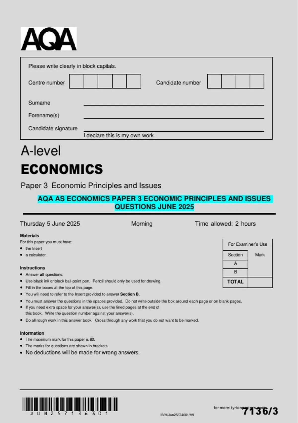 AQA AS Economics Paper 3 Economic Principles and Issues Questions June ...