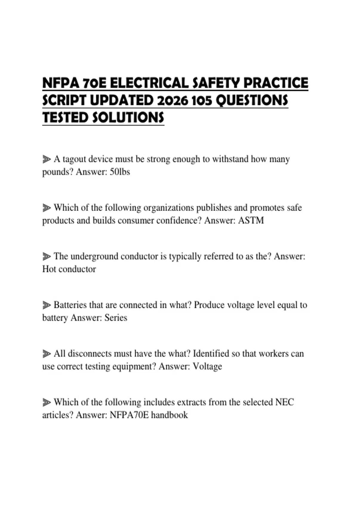 NFPA 70E ELECTRICAL SAFETY PRACTICE SCRIPT UPDATED 2026 105 QUESTIONS ...