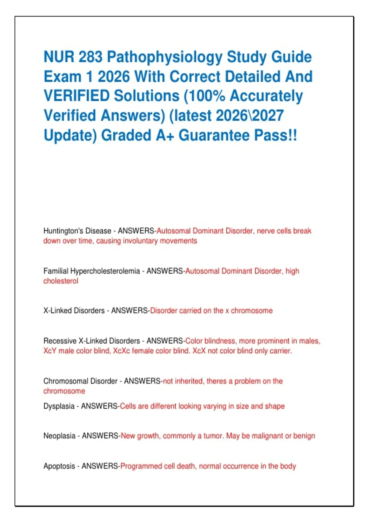 NUR 283 Pathophysiology Study Guide Exam 1 2026 With Correct Detailed ...