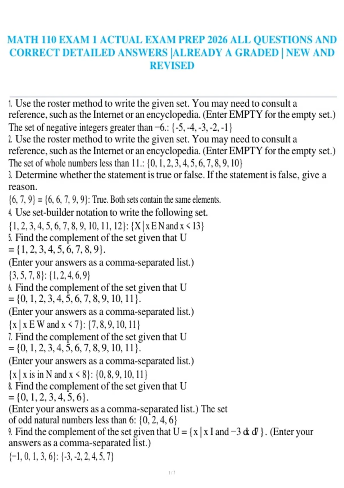 MATH 110 EXAM 1 ACTUAL EXAM PREP 2026 ALL QUESTIONS AND CORRECT ...