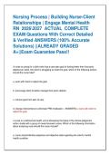Nursing Process &vert; Building Nurse-Client  Relationships &vert; Engage Mental Health  RN  20262027  ACTUAL  COMPLETE  EXAM Questions With Correct Detailed  & Verified ANSWERS &lpar;100&percnt; Accurate  Solutions&rpar; &vert;&vert;ALREADY GRADED  A&plus;&vert;&vert;Exam Guarantee Pass&excl;&excl;